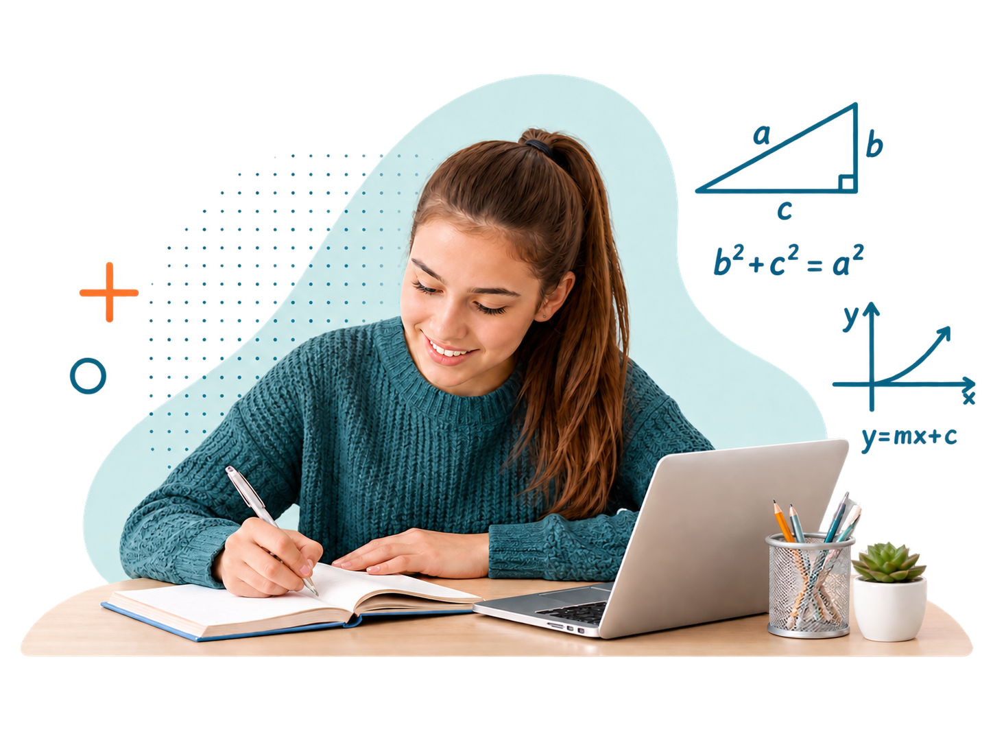 A learner working through mathematics at a desk with a notebook and laptop